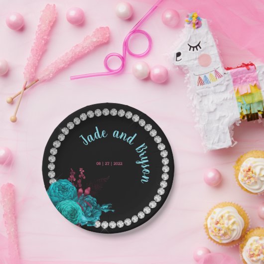 Floral Turquoise en Mauve Elegant Rhinestone Papieren Bordje (Feest)