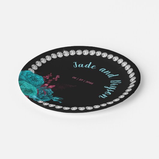 Floral Turquoise en Mauve Elegant Rhinestone Papieren Bordje (Gekanteld)