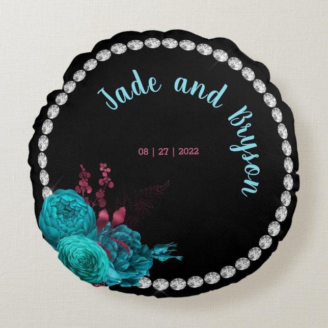 Floral Turquoise en Mauve Elegant Rhinestone Rond Kussen (Voorkant)