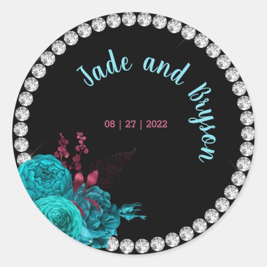 Floral Turquoise en Mauve Elegant Rhinestone Ronde Sticker (Voorkant)