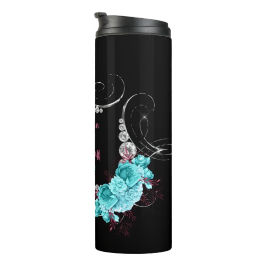 Floral Turquoise en Mauve Elegant Rhinestone Thermosbeker (Geroteerd rechts)