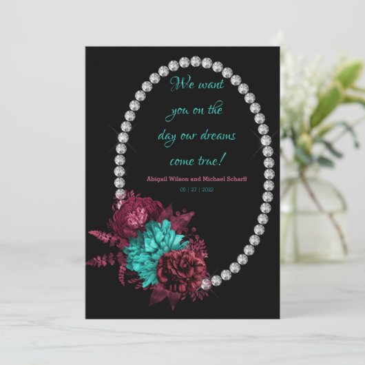 Floral Turquoise en Mauve Elegant Wedding Kaart (Staand voorkant)