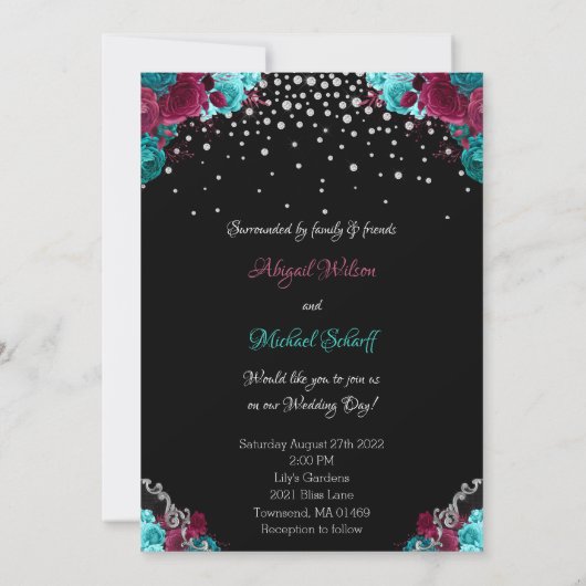 Floral Turquoise en Mauve Elegant Wedding Kaart (Achterkant)