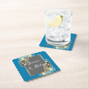 Floral Turquoise Grey & Bleek Yellow Wedding Kartonnen Onderzetters