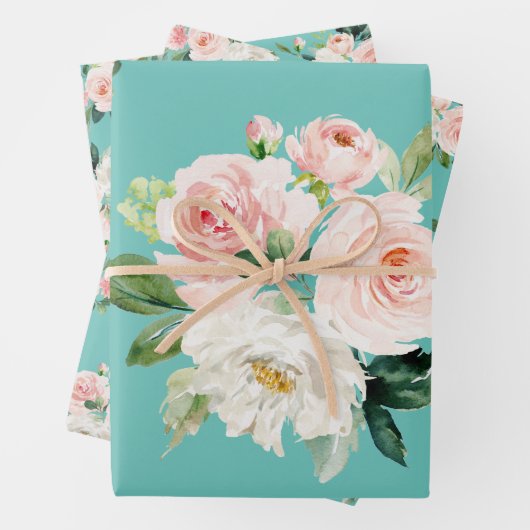 Floral Turquoise Shabby Chic Wrapping Paper Sheets (In situ)