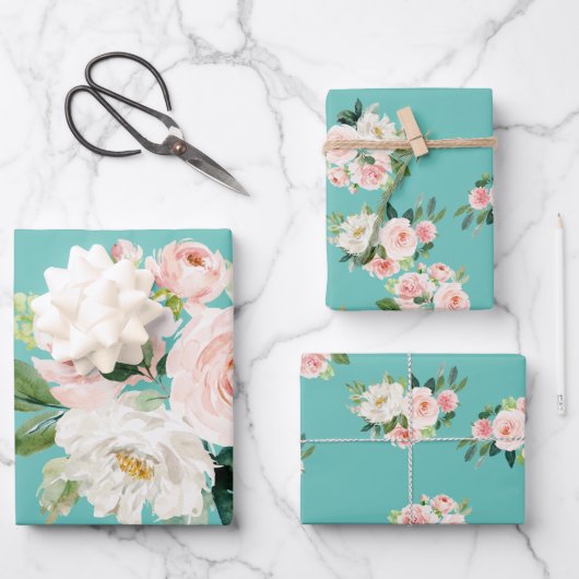 Floral Turquoise Shabby Chic Wrapping Paper Sheets (Voorkant)
