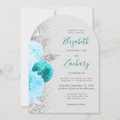 Floral Turquoise Zilver Glitter Grijze Boog Huweli Kaart (Voorkant)