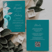 Floral Turquoise Zilver Glitter QR Code Huwelijk