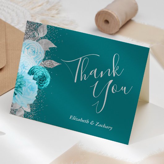 Floral Turquoise zilveren bruiloft dank u Kaart