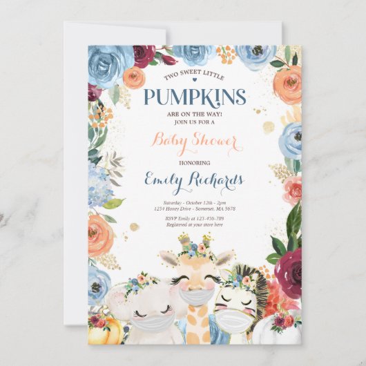 Floral Twin Safari Animals Pumpkin Baby shower Kaart (Voorkant)