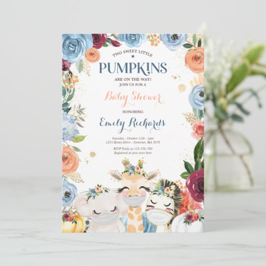 Floral Twin Safari Animals Pumpkin Baby shower Kaart (Staand voorkant)
