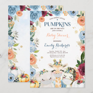 Floral Twin Safari Animals Pumpkin Baby shower Kaart