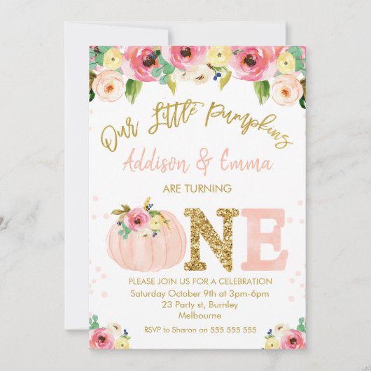  Floral Twins Onze kleine pomkin Birthday Kaart (Voorkant)