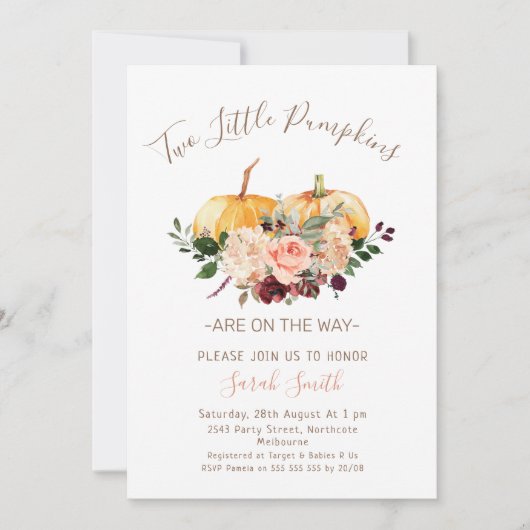 Floral Twins Two Little Pumpkins Baby shower Kaart (Voorkant)