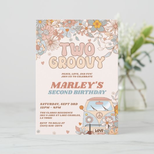 Floral Two Groovy 2e Retro Birthday Party Kaart (Staand voorkant)