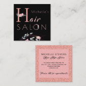 Floral typografie glitter roze zwarte haarsalon vierkante visitekaartje (Voorkant / Achterkant)