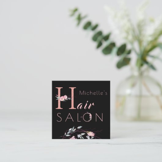 Floral typografie glitter roze zwarte haarsalon vierkante visitekaartje (Staand voorkant)
