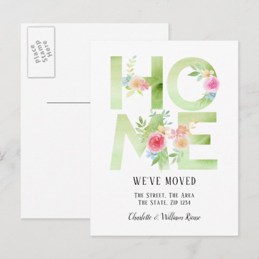 Floral Typografie We hebben ons thuis verplaatst Aankondigingskaart (Voorkant / Achterkant)