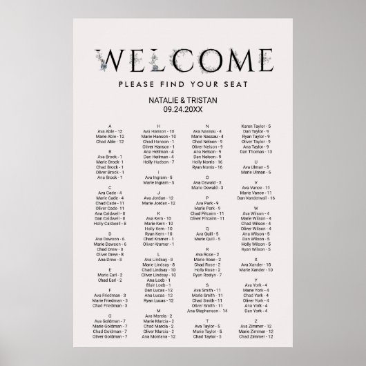 Floral Typography Alfabetical Seat Chart Poster (Voorkant)