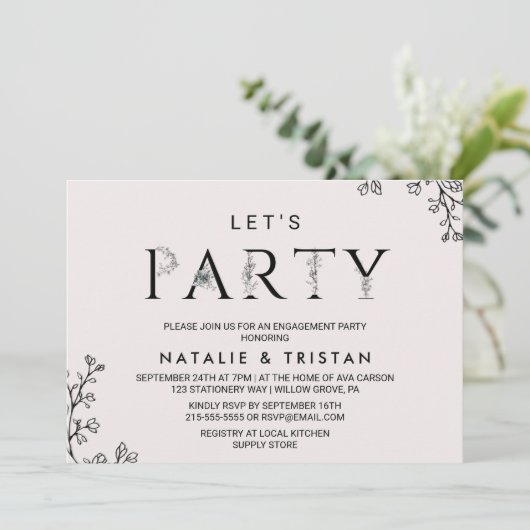 Floral Typography Let's Party Kaart (Staand voorkant)