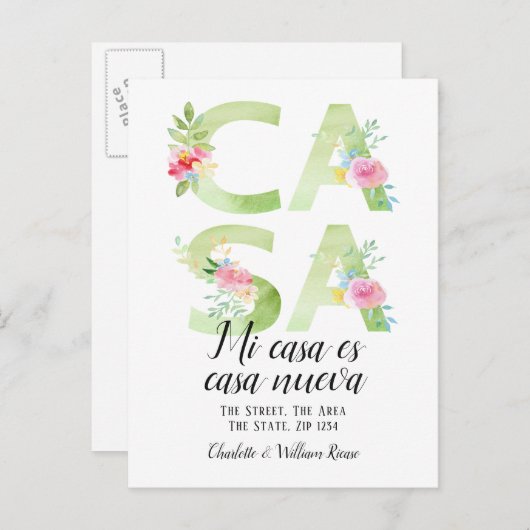 Floral Typography New Casa Home Aankondigingskaart (Voorkant / Achterkant)