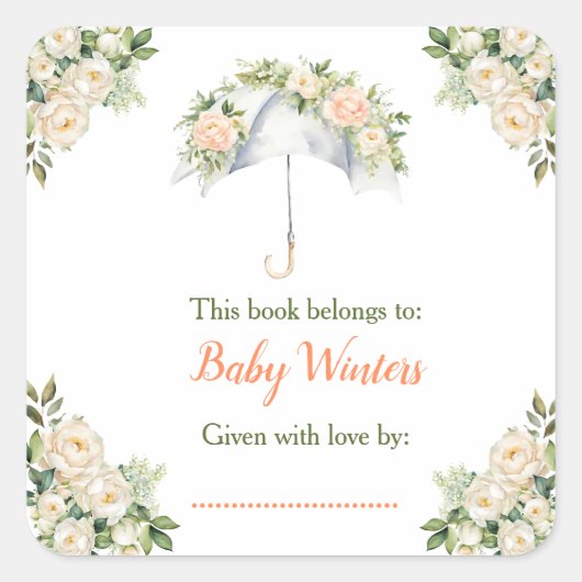 Floral Umbrella Baby shower Bookplate Vierkante Sticker (Voorkant)