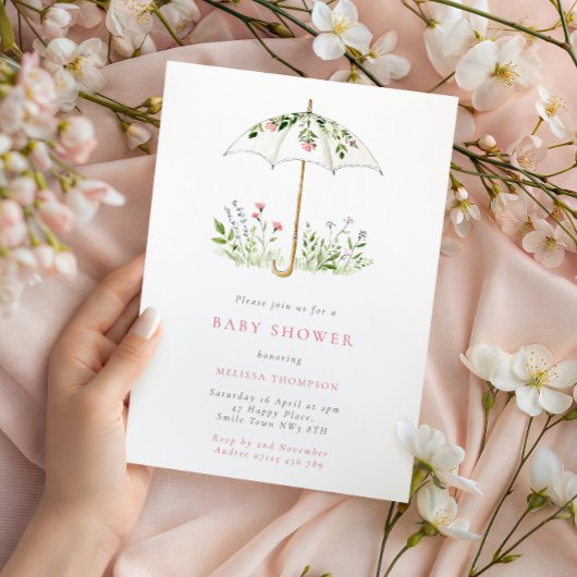 Floral Umbrella Spring Baby Shower Kaart