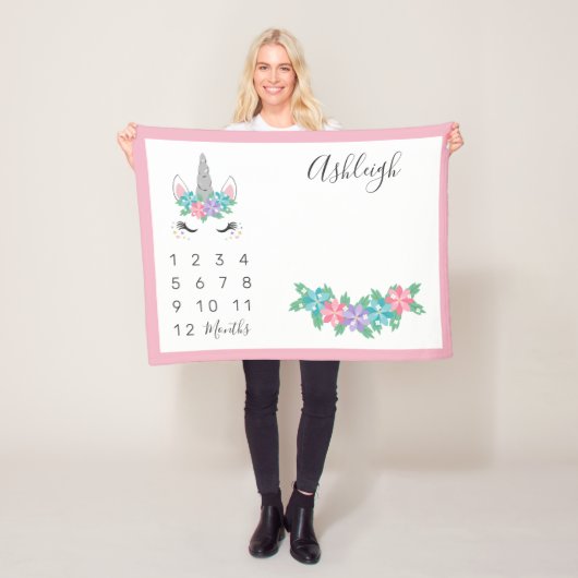 Floral Unicorn Baby Maandelijkse mijlpaal Fleece Deken (In situ)