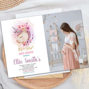 Floral Unicorn Baby Shower Invitaties met foto Kaart
