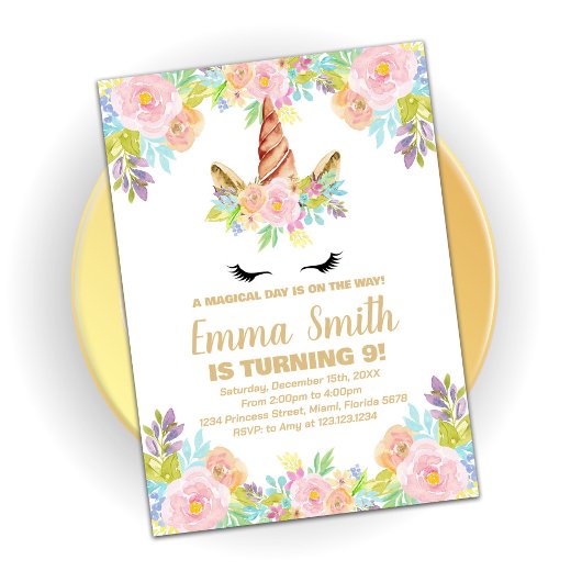 Floral Unicorn Birthday Invitation Kaart