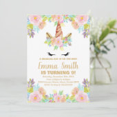 Floral Unicorn Birthday Invitation Kaart (Staand voorkant)