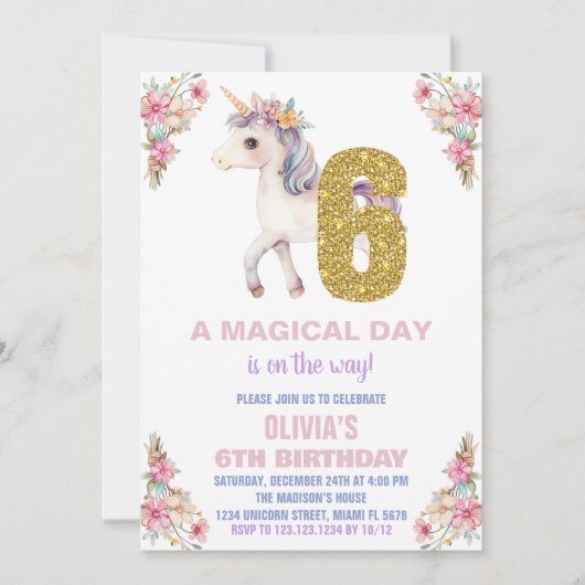 Floral Unicorn Birthday Kaart (Voorkant)