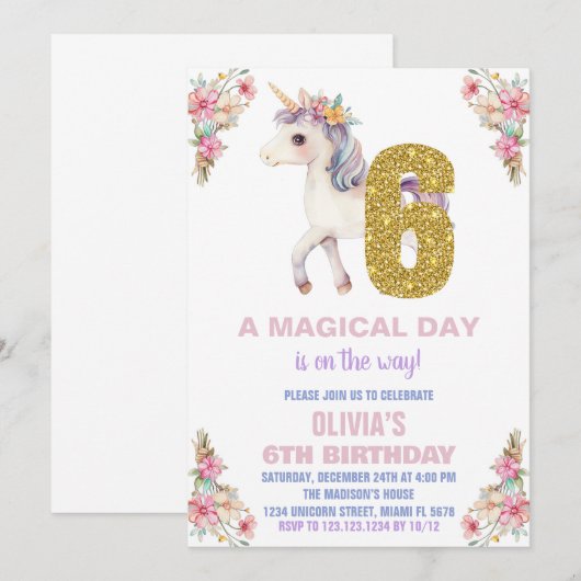 Floral Unicorn Birthday Kaart (Voorkant / Achterkant)