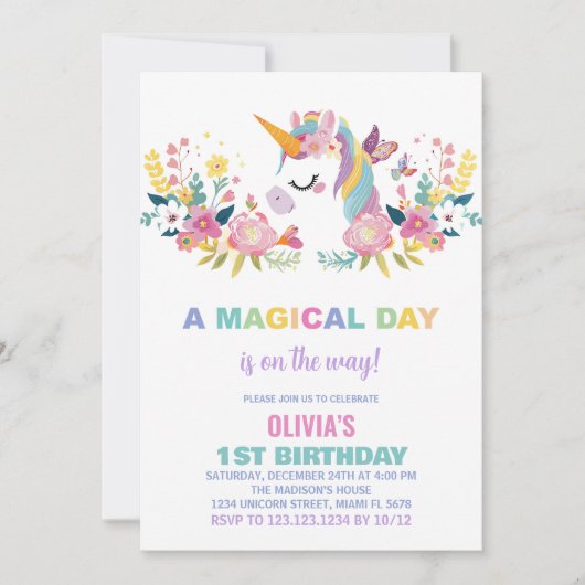 Floral Unicorn Birthday Kaart (Voorkant)
