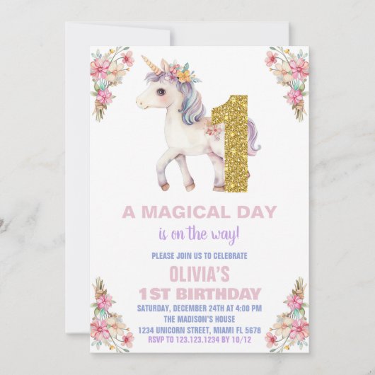 Floral Unicorn Birthday Kaart (Voorkant)