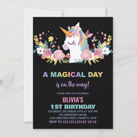 Floral Unicorn Birthday Kaart (Voorkant)