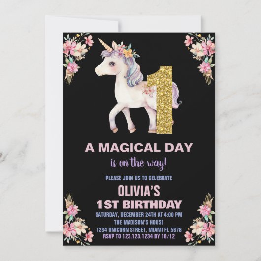 Floral Unicorn Birthday Kaart (Voorkant)