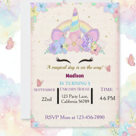 Floral Unicorn Birthday Party Invitation Kaart