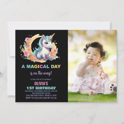 Floral Unicorn Birthday Uitnodigingen met foto (Voorkant)
