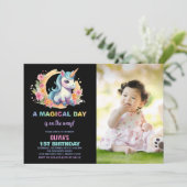 Floral Unicorn Birthday Uitnodigingen met foto (Staand voorkant)