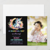 Floral Unicorn Birthday Uitnodigingen met foto (Voorkant / Achterkant)