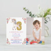 Floral Unicorn Birthday Uitnodigingen met foto (Staand voorkant)