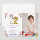 Floral Unicorn Birthday Uitnodigingen met foto (Voorkant / Achterkant)