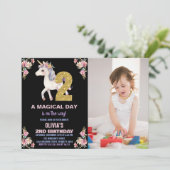 Floral Unicorn Birthday Uitnodigingen met foto (Staand voorkant)