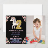 Floral Unicorn Birthday Uitnodigingen met foto (Voorkant / Achterkant)