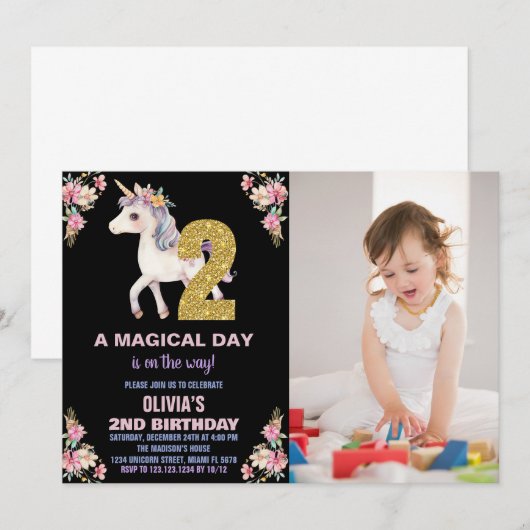 Floral Unicorn Birthday Uitnodigingen met foto (Voorkant / Achterkant)