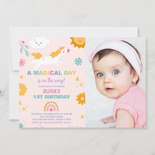 Floral Unicorn Birthday Uitnodigingen met foto (Voorkant)