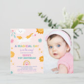 Floral Unicorn Birthday Uitnodigingen met foto (Staand voorkant)