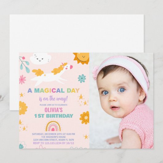 Floral Unicorn Birthday Uitnodigingen met foto (Voorkant / Achterkant)