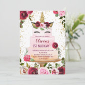 Floral Unicorn Cake Birthday Uitnodiging (Staand voorkant)